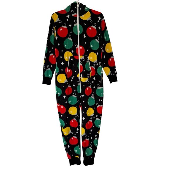 Tipsy Elves Black Colorful Ornaments Jumpsuit Hoodie Christmas Fleece Zipper Lrg - Picture 1 of 9